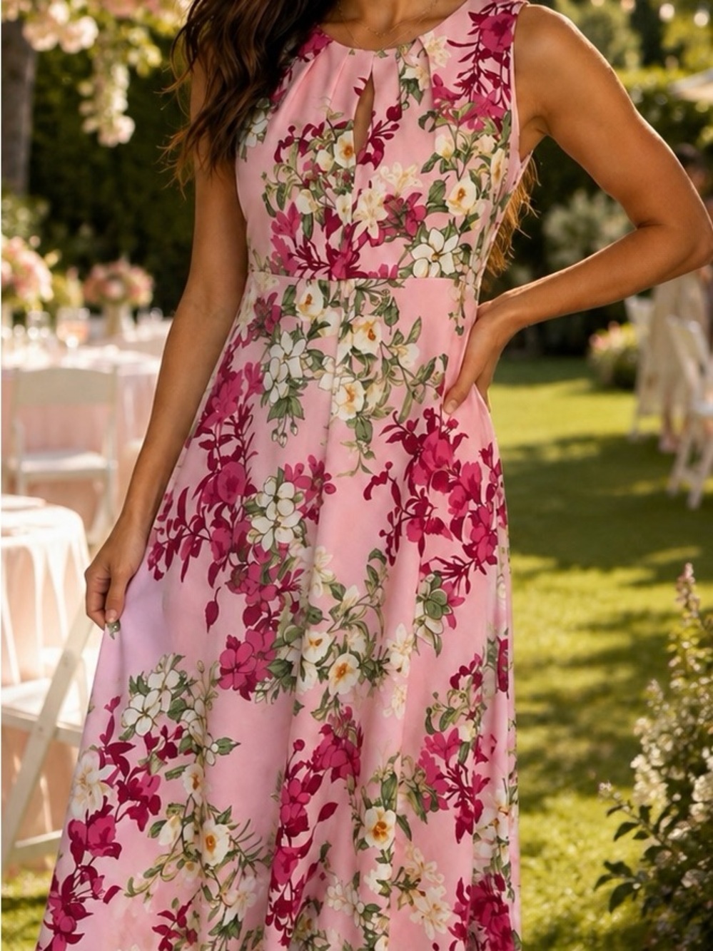London Times Pink Floral Sleeveless A-Line Maxi Dress